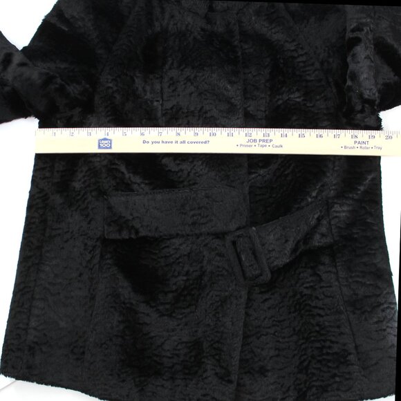 VTG 50s 60s Faux Fur Jacket Black Belted Satin Lined Stand Collar Swing Coat M - Picture 11 of 16